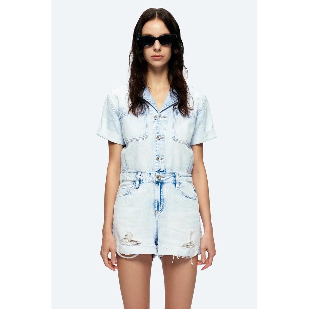 Bayeas Womens Grace Ripped Denim Romper Size Small Light Acid Wash Distressed
